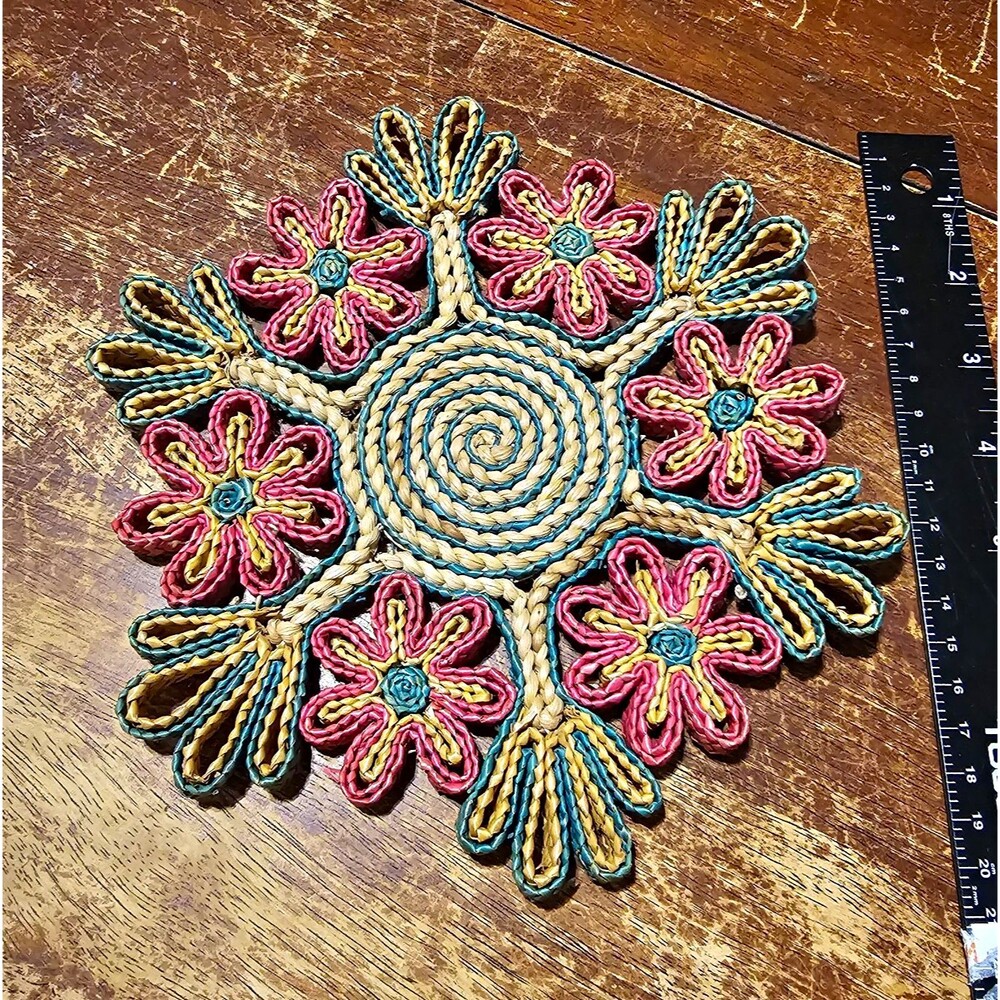 Straw Woven Floral Round Trivet Hot Pad Multicolor Beige Pink Yellow 8 in VTG